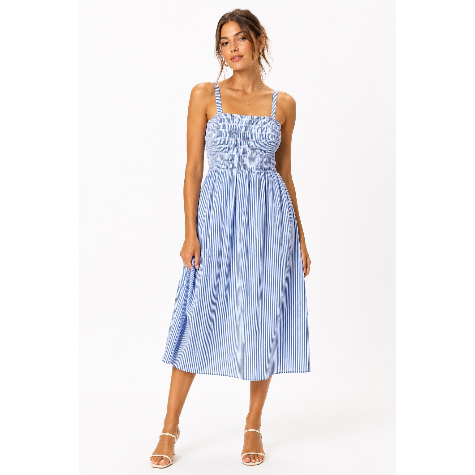 Market & Spruce Alana Poplin Dress Light Blue White Stripe Smocked Midi Medium